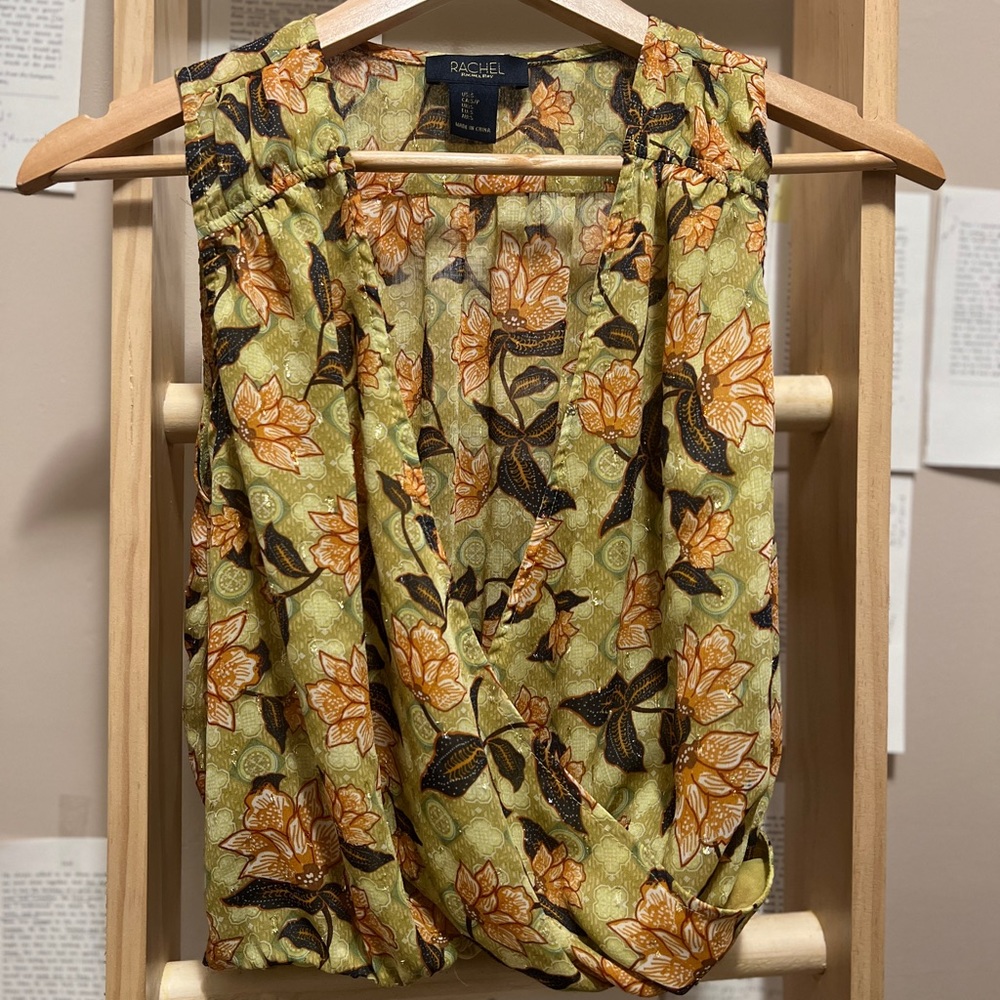 Cute Summer Green Flower Pattern Sleeveless Sheer Shimmer Smock Top with V-neck